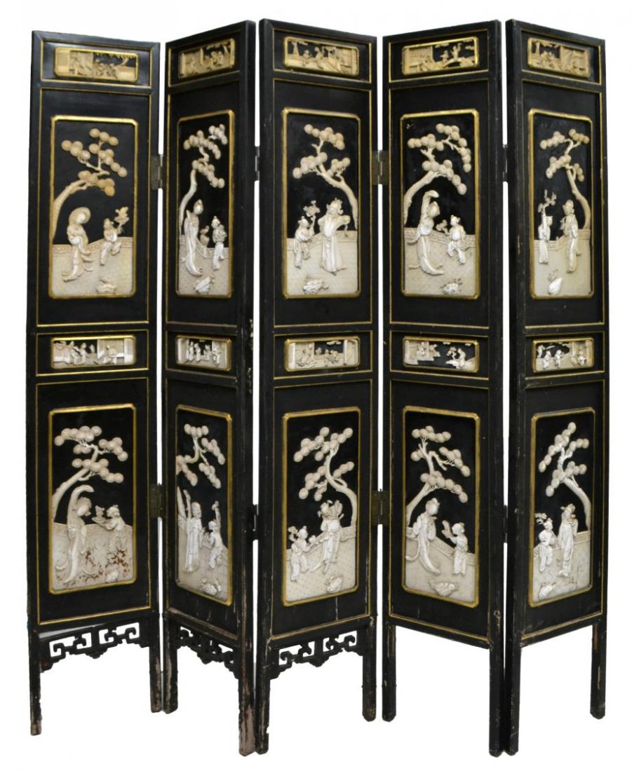 CHINESE FIVE PANEL SCREEN: Chinese five-panel screen, each panel having four carved figural reserves of adults and youth painted white on black ground, some loss to gilding, approx 87"h, 81.25"l Start Price: $150.00