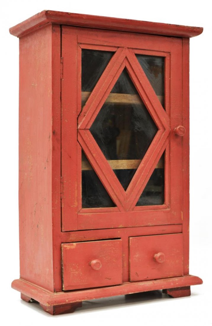 DIMINUTIVE PAINTED WALL OR SHELF CABINET: Diminutive American painted wall or shelf cabinet, 20th c., cabinet door with glass panels opens to three shelves, two drawers, rising on four bracket feet, 21.75"h, 13.75"w, 7.5"d *Provenance: Estate
