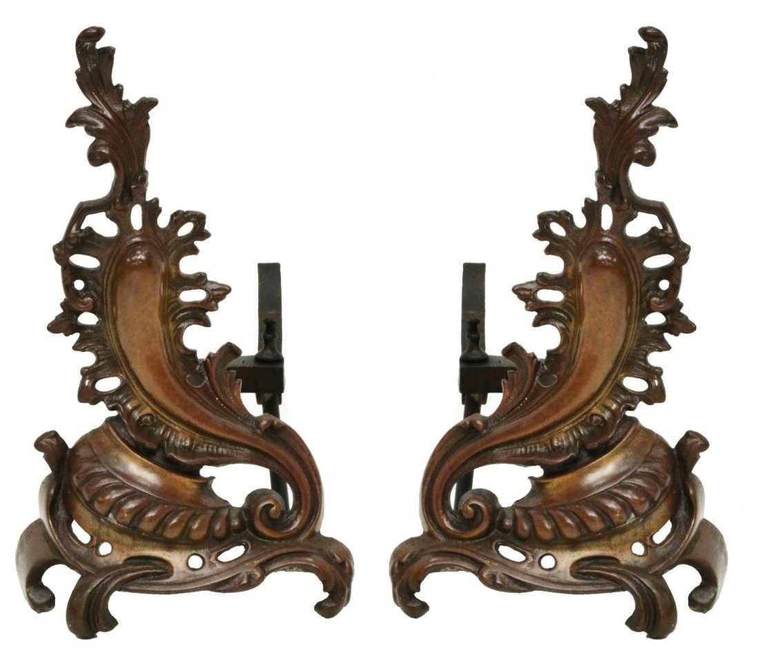 FRENCH LOUIS XV STYLE BRONZE CHENETS & FENDER: (pair) French Louis XV style bronze chenets with fender, late 19th c., having two cast pierced acanthus leaf and rocaille chenets, together with a pierced foliate fender, 16"h, 18"d, 19lbs total *Prov