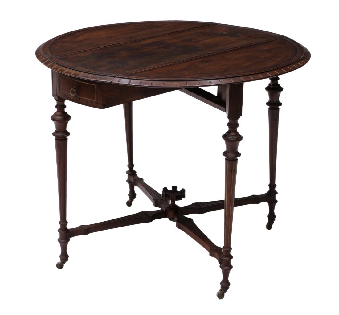 19TH C. LOUIS XVI STYLE DROP SIDE TABLE: Louis XVI style mahogany drop leaf table, 19th c., rectangular with two demilune drop leaves, drawer with ring pull, rising on tapered turned legs joined by a carved X stretcher, leaves are supported 