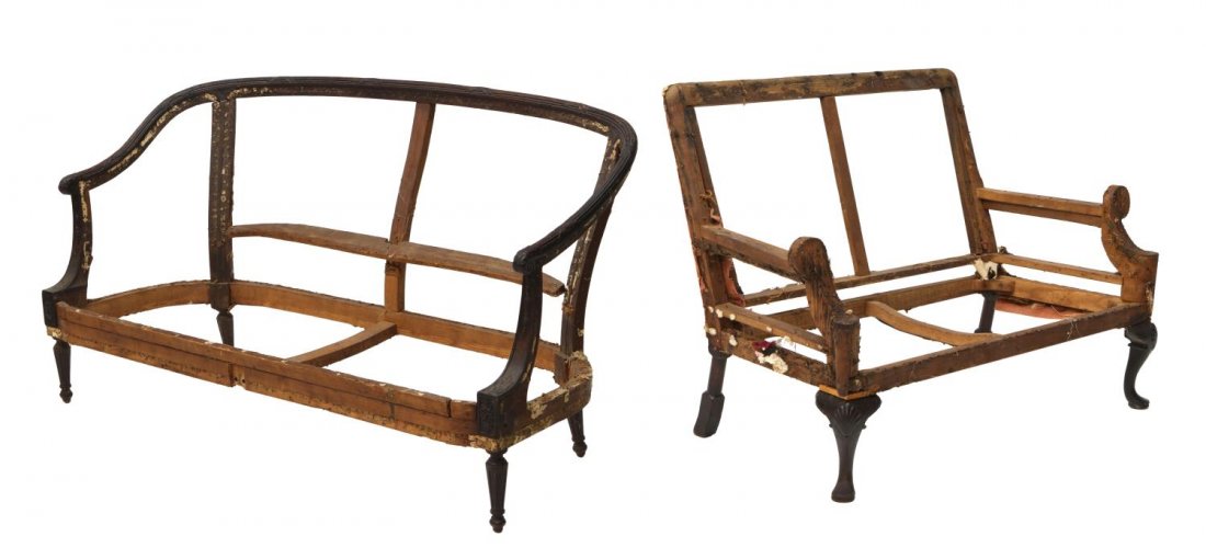 (2) ANTIQUE SOFA CARVED WOOD FRAMES, LOUIS XVI: (lot of 2) Antique sofa frames, 19th c., comprising: (1) Queen Anne style settee frame, approx 35.75"h, 52"w, 30.5"d; (1) Louis XVI style settee frame, approx 32.75"h, 60.5"w, 29.5"d *Provenance: Esta