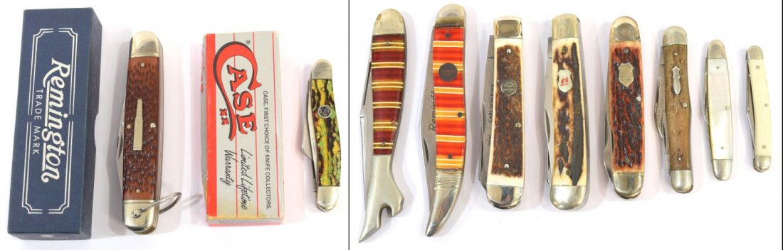 (10) POCKET KNIVES, CASE, REMINGTON, GERMAN: (lot of 10) Pocket knives: (1) Case XX in box, CT 318, three blades; (1) Remington Camp Knife new in box, R-4243, four blades; (1) Case Lady Leg knife, #097, one blade; (1) Remington R1615, single bla