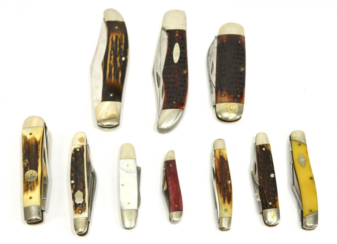 (10) POCKET KNIVES, CASE, KA-BAR, GARTMAN: (lot of 10) Pocket knives: (1) Case XX, #6250, two blades; (1) Case XX, #6265SAB; (1) Ka-bar, dog shield, two blades; (1) Case XX, #6254SSP, two blades, Texas Knife Collectors, 1982; (1) Cattaraugus C