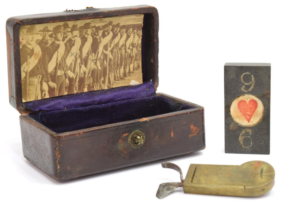1891 3rd CAVALARY BOX, SOLDIERS PHOTO, FLEAM: Diminutive leather box bearing a U.S. Army button and carving reading "Sgt. H.J. Todd, 3rd Cav., Ft. Davis, Tx, 1891", the interior with a photo of U.S. soldiers marked at the back "3rd Cav, Ft. Davis