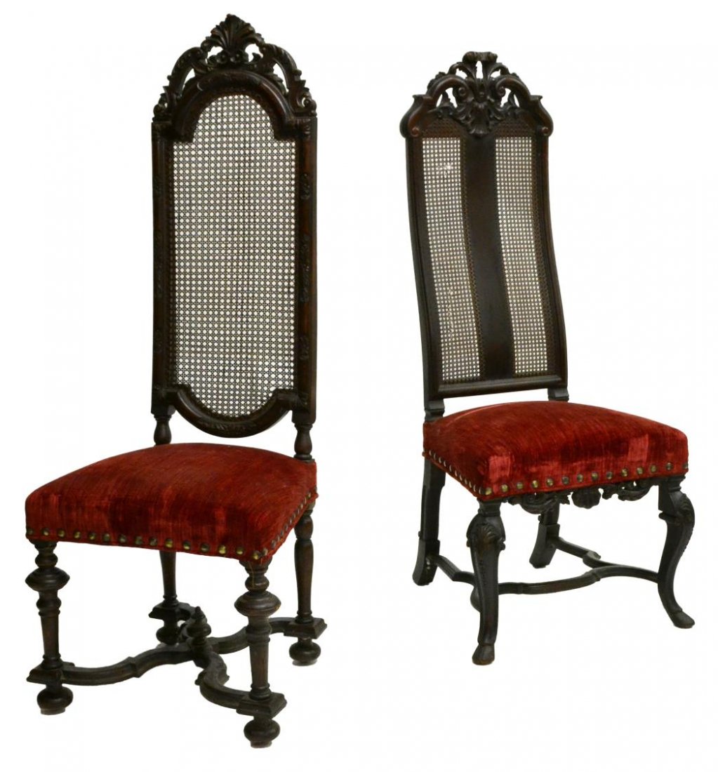 (2) HIGHBACK UPHOLSTERED CANED SIDE CHAIRS: (lot of 2) High back caned chairs with red velvet upholstery and nail head detailing, comprising: (1) chair with foliate carved crest over shaped frame with caning, having carved floral cartouches dow