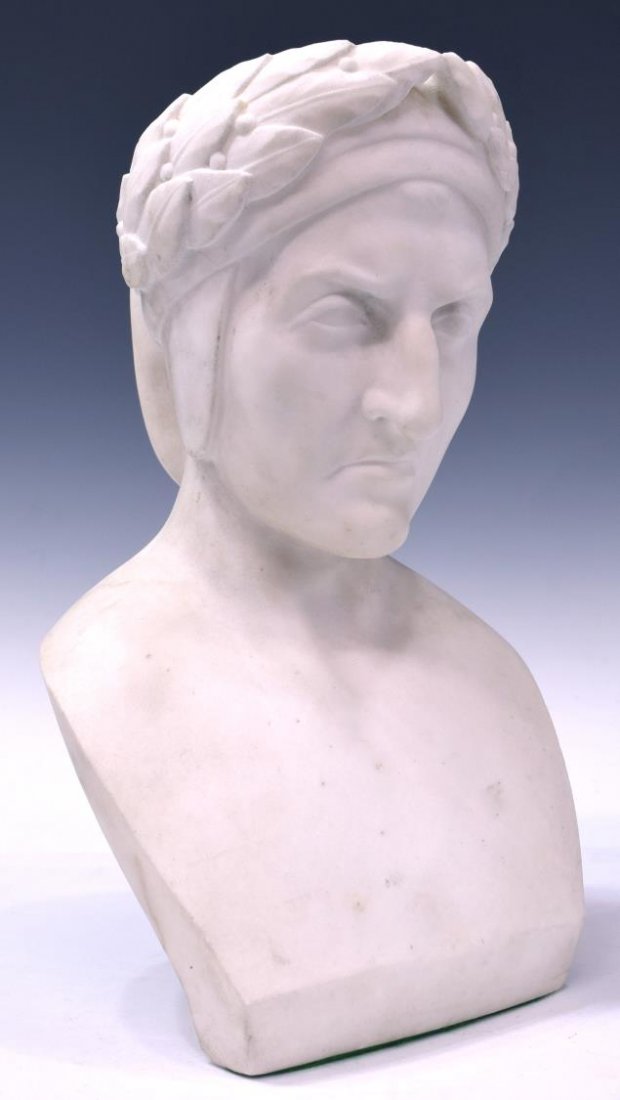 LARGE ANTIQUE CARVED WHITE MARBLE BUST, DANTE (1 of 6)