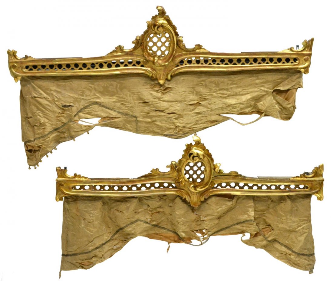 (2) ITALIAN LOUIS XV STYLE GILT DRAPERY CORNICE: (pair) Italian Louis XV style gilt drapery cornices, 19th c., having a foliate crest with pierced lattice cartouche and apron, Start Price: $600.00