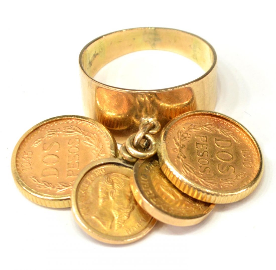14KT GOLD & DANGLING PESO & FANTASY COIN RING (1 of 2)