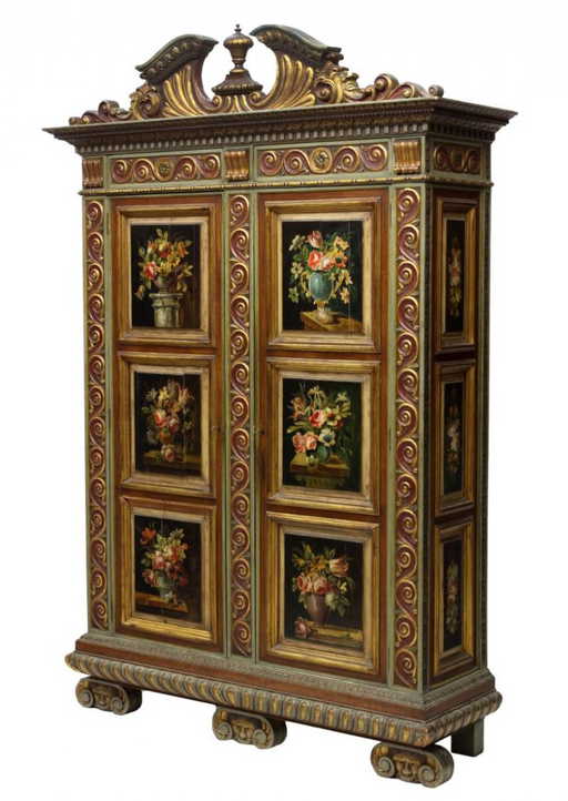 SPANISH FLORAL PAINTED AND CARVED ARMOIRE