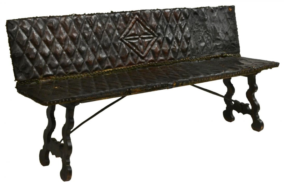SPANISH BAROQUE LEATHER UPHOLSTRY BENCH 18TH (1 of 5)