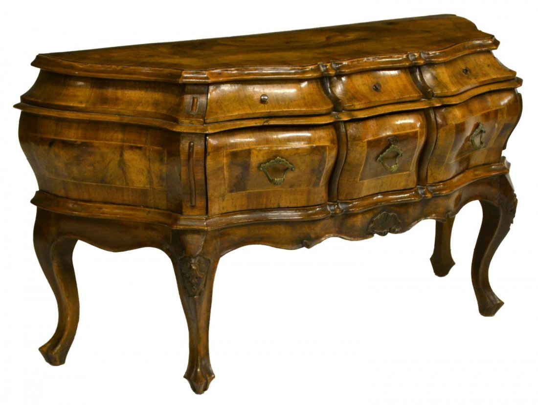 ITALIAN PATCHWOOK BURLWOOD BOMBE CHEST (1 of 5)