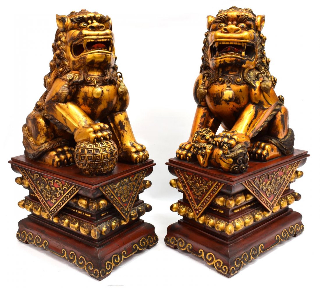 (2) LARGE CHINESE GILDED & LACQUERED FOO LIONS (1 of 9)