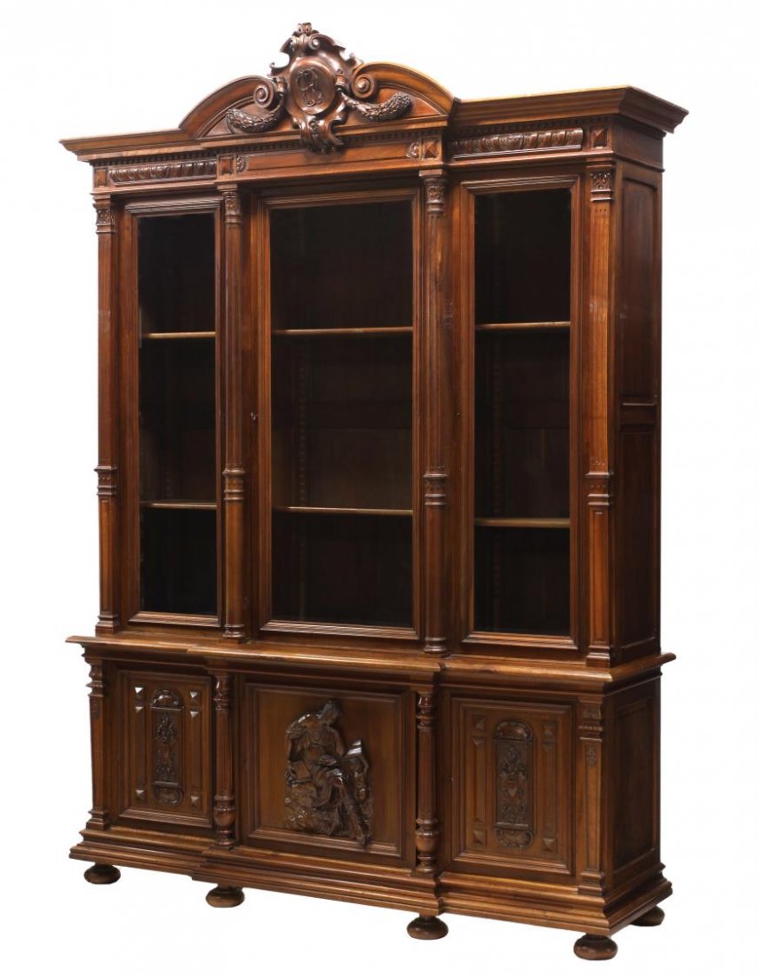 LARGE FRENCH WALNUT TRIPLE DOOR BOOKCASE (1 of 2)