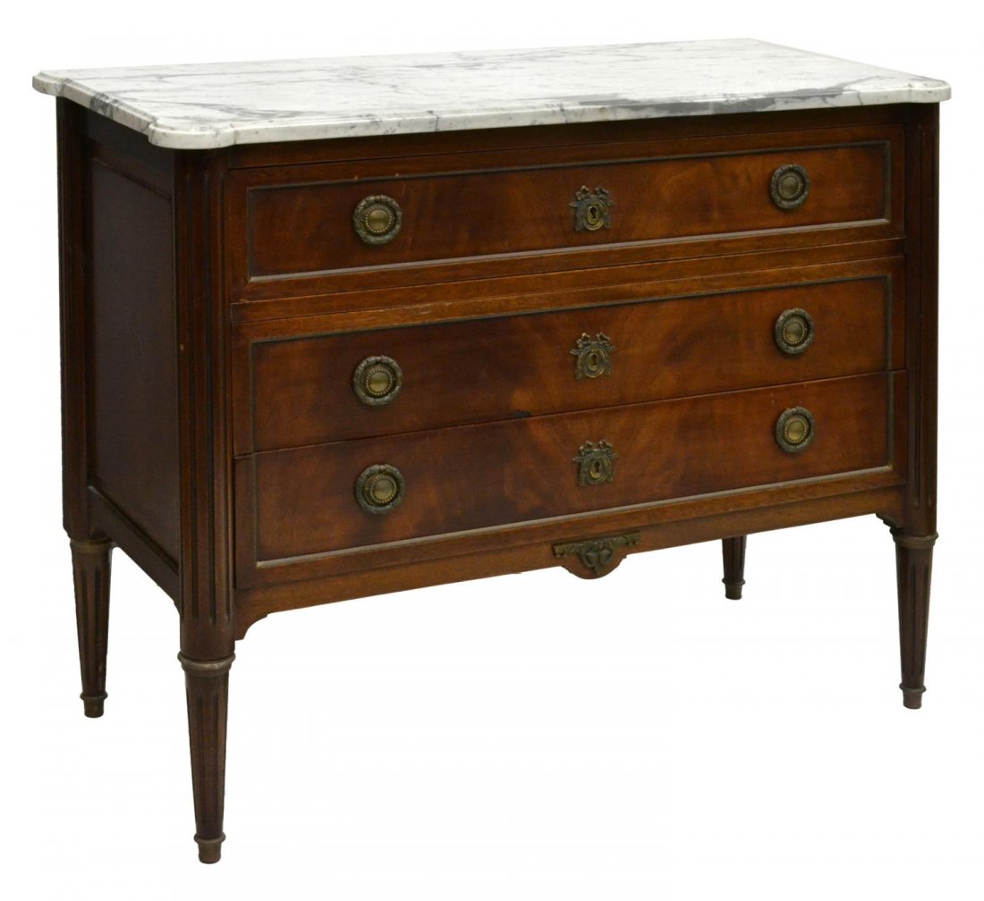 FRENCH LOUIS XVI MARBLE TOP COMMODE, EARLY 19TH C (1 of 4)