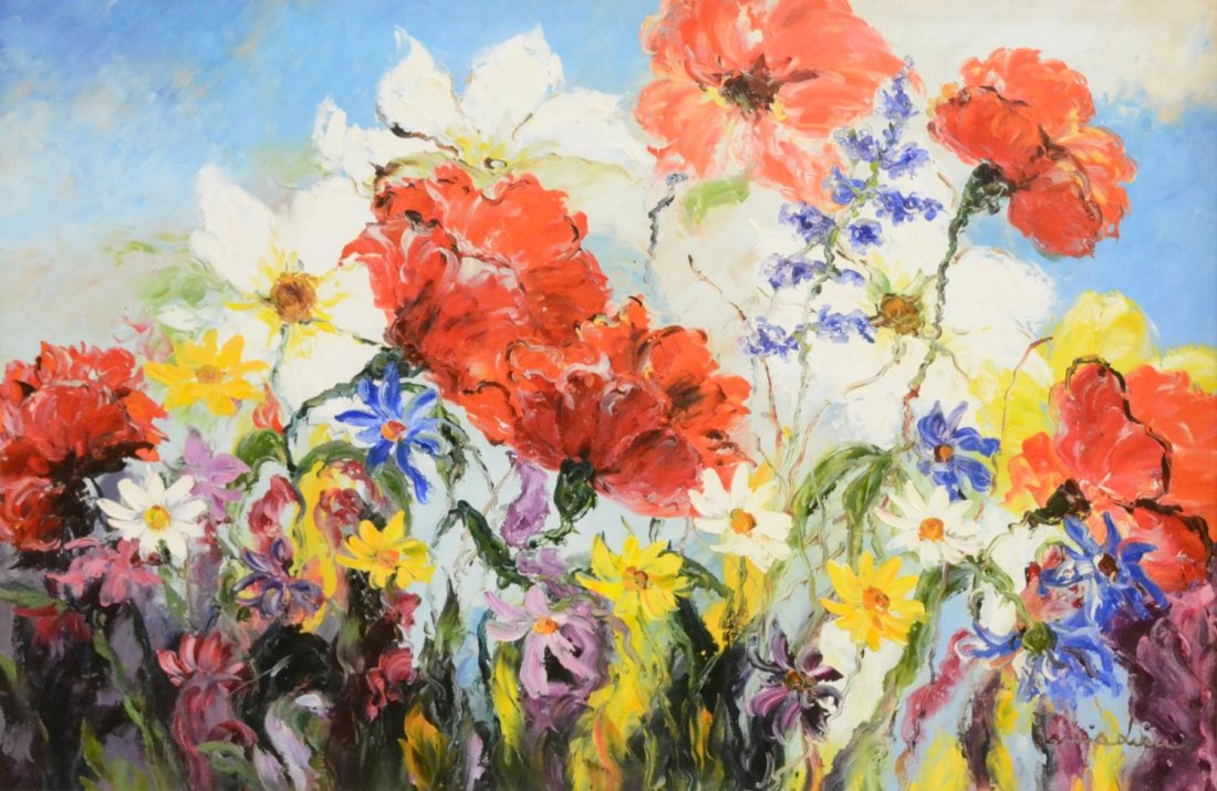 FRAMED OIL PAINTING, FIELD OF FLOWERS 20TH C: Framed oil on canvas, Field of Flowers, 20th c., signed lower right "Jamie Lisa", sight: 23.5"h, 35.5"w, overall: 33"h, 45"w, 17lbs Start Price: $125.00