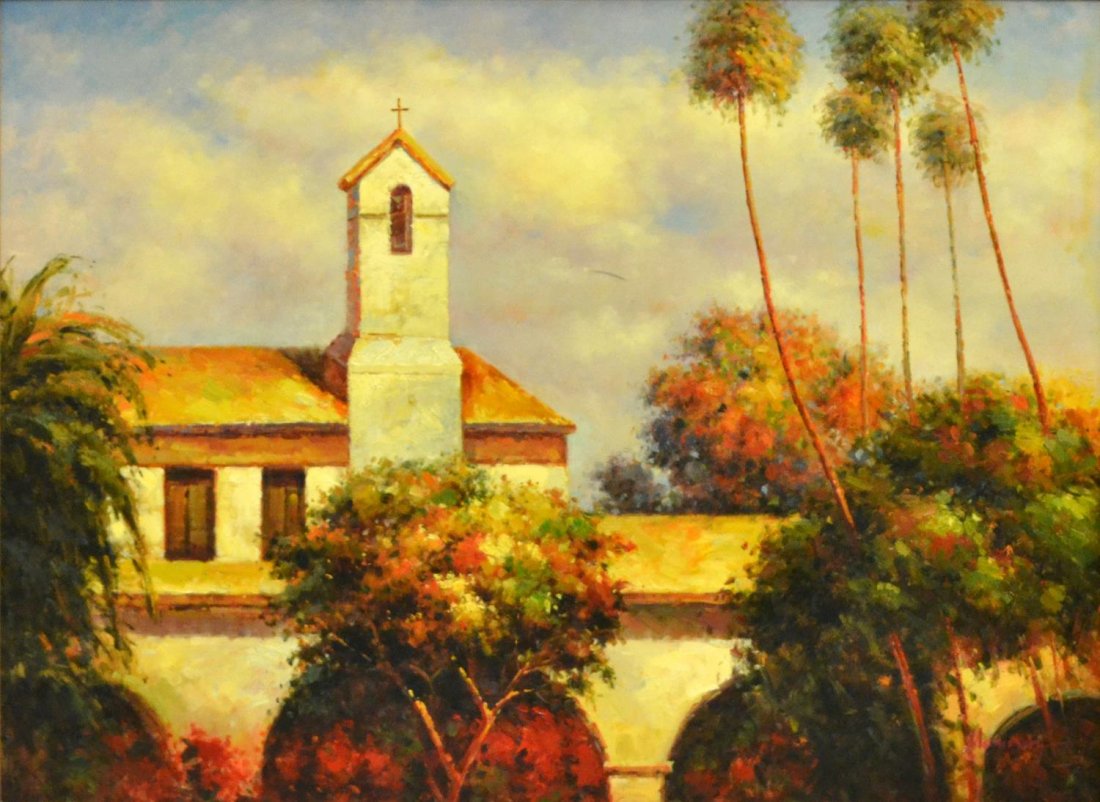 FRAMED OIL PAINTING, LANDSCAPE WITH MISSION 20TH C (1 of 3)