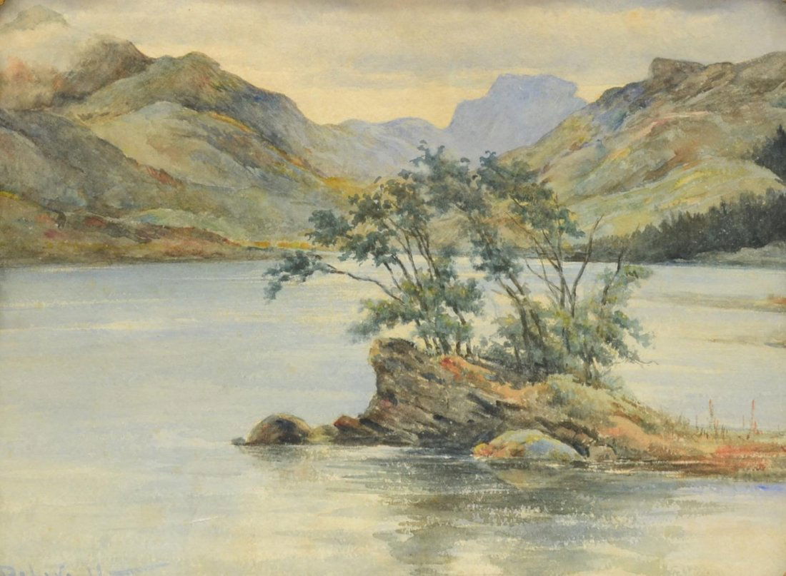 FRAMED FRENCH WATERCOLOR, LANDS & LAKE, SIGNED (1 of 4)