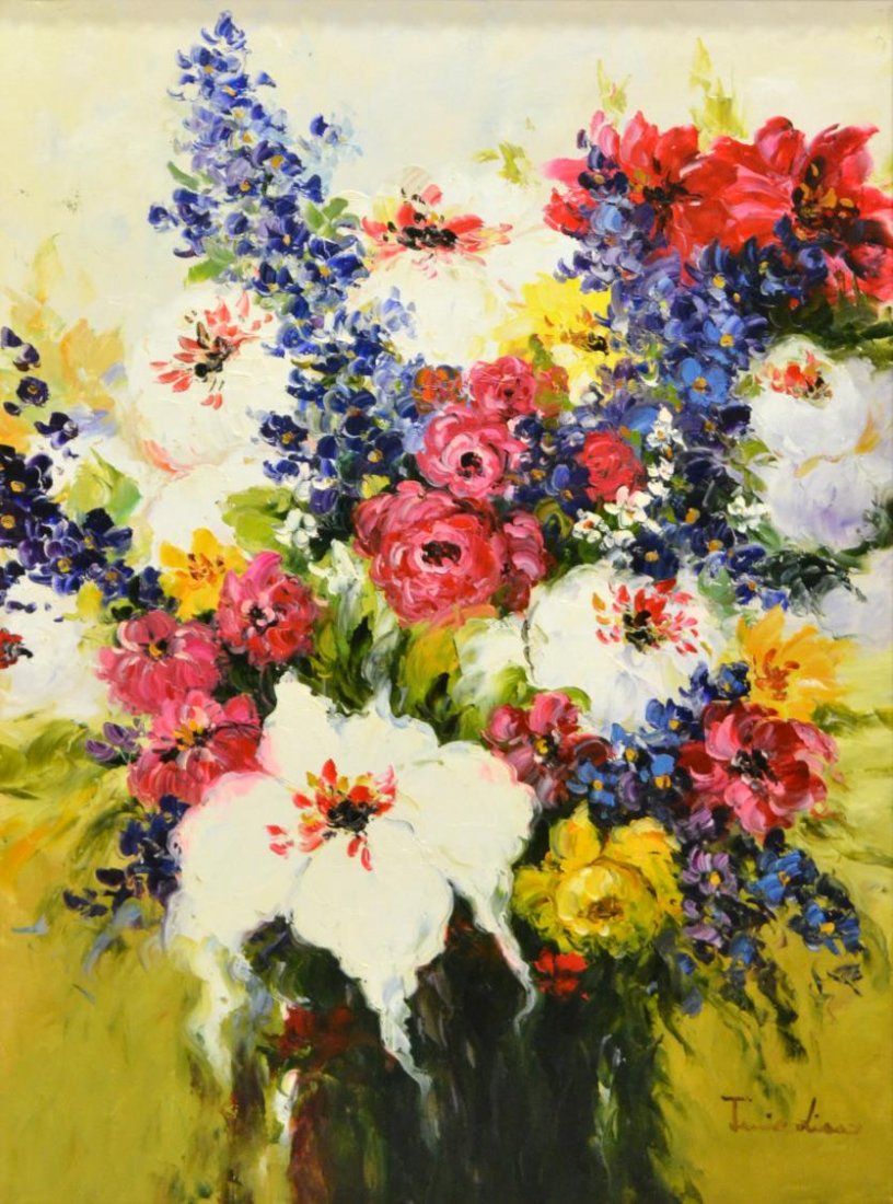 FRAMED OIL PAINTING, FLORAL STILL LIFE 20TH C.: Framed oil on canvas, Floral Still Life, 20th c., signed lower right "Jamie Lisa", sight: 39.5"h, 29.5"w, overall: 48"h, 38"w, 17.5lbs Start Price: $80.00
