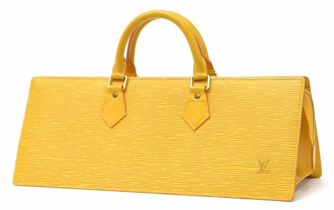 LOUIS VUITTON 'SAC TRIANGLE' EPI LEATHER HANDBAG: Louis Vuitton "Sac Triangle" handbag in yellow Epi leather, dual handles, gold tone hardware, top unzips to purple interior featuring single pocket, approx 6"h, 15.75"l, 5.75"w, 1.5lbs Start Price: $1