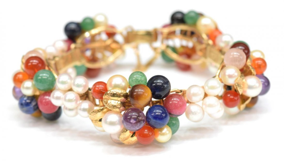 ESTATE 14KT GOLD, PEARL & STONE CLUSTER BRACELET (1 of 5)