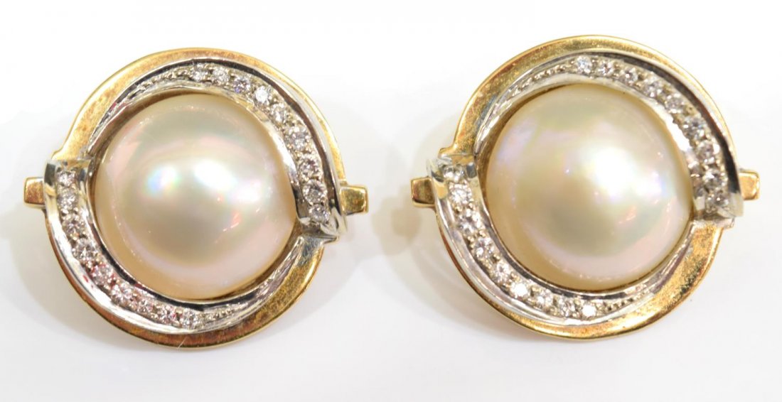 LADIES ESTATE 14KT, MABE PEARL & DIAMOND EARRINGS (1 of 5)