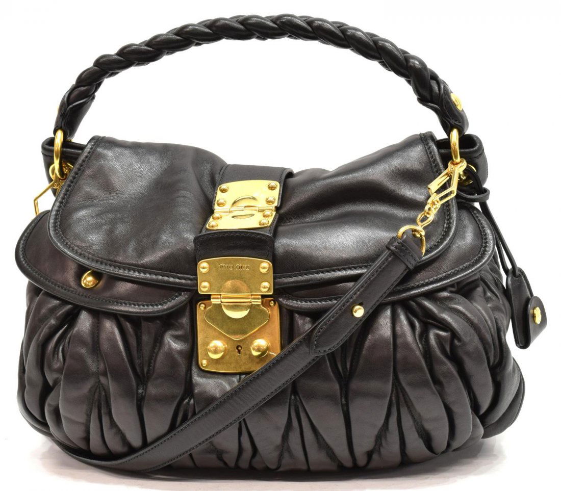 MIU MIU BLACK LEATHER COFFER HANDBAG (1 of 5)