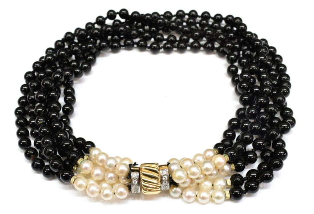 LADIES 14KT PEARL & ONYX MULTI-STRAND NECKLACE (1 of 4)