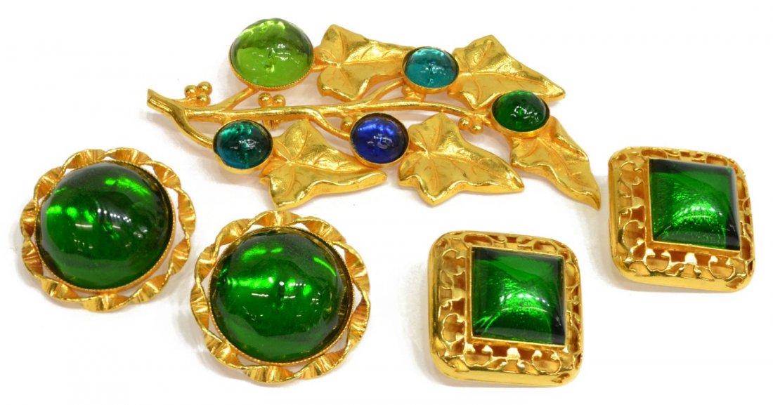 PHILIIPPE FERRANDIS GRIPOIX GLASS JEWELRY LOT: (lot) Vintage Philippe Ferrandis gripoix glass jewelry, Paris, all marked: (1) large gold tone foliated brooch having multi-color poured glass cabochons, 4.25"l; (2 pair) green glass and gold tone cli