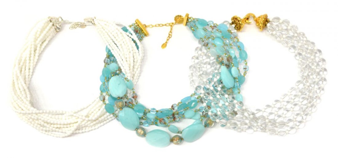 JOSE & MARIA BARRERA GLASS BEAD NECKLACES: (lot of 3) Jose and Maria Barrera glass beaded necklaces, comprising: (1) multi-strand clear and white glass beaded necklace; (1) multi-strand teal glass beaded necklace; (1) multi-strand faceted whit