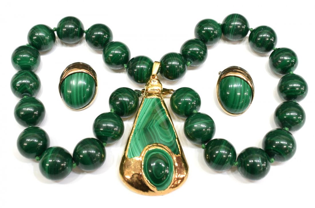 LADIES 10K MALACHITE NECKLACE & 14K EARRINGS (1 of 9)