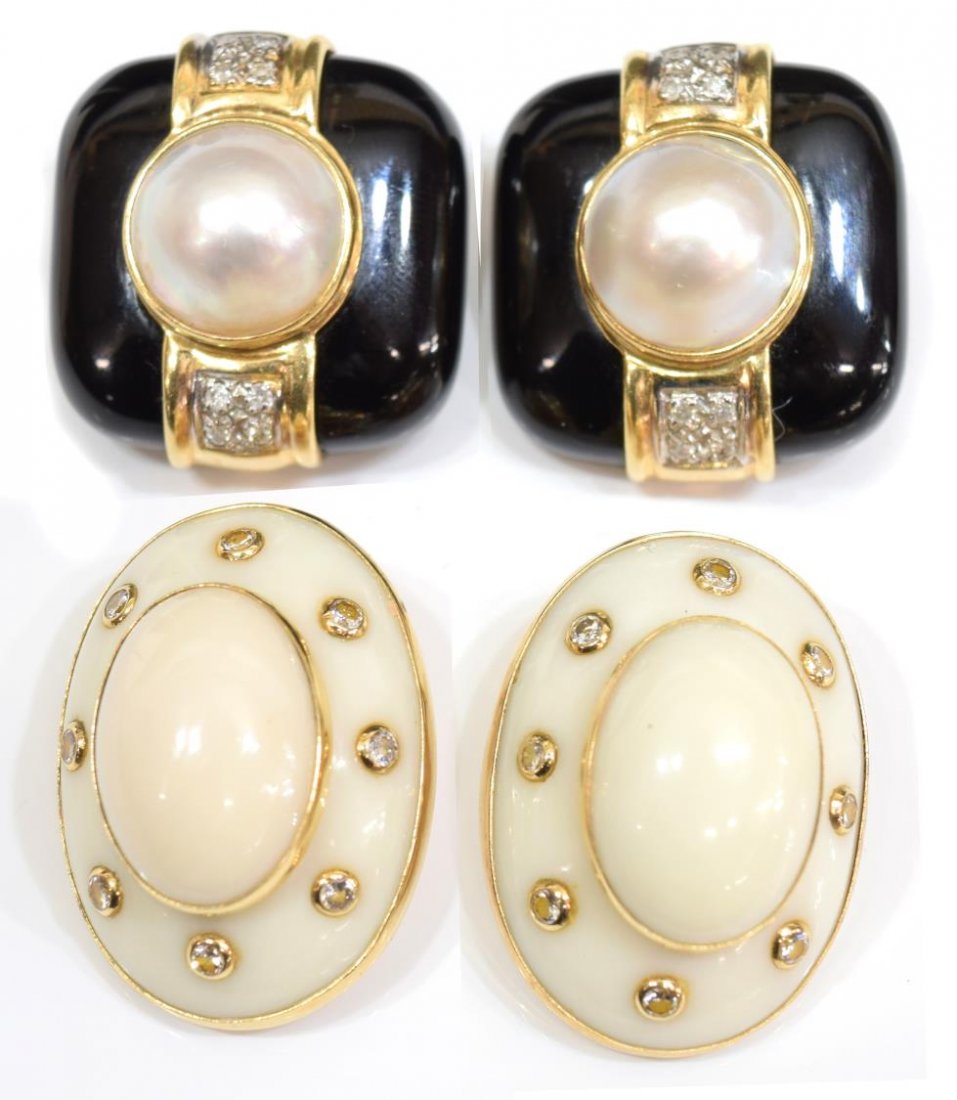 LADIES ESTATE 14KT, CORAL, DIAMOND & ONYX EARRINGS (1 of 7)