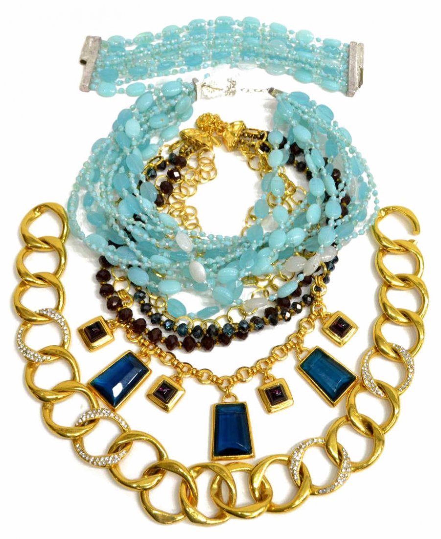 JOSE & MARIA BARRERA SIGNED COSTUME JEWELRY: (lot of 4) Jose and Maria Barrera signed costume jewelry, comprising: (1) gold plated chain link necklace with (five) rhinestone encrusted links; (1) multi-strand gold plated and crystal beaded neckla