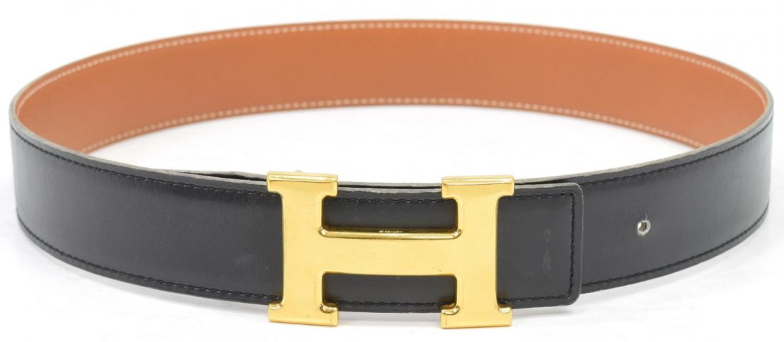 HERMES BLACK LEATHER & GOLD TONE 'H' LOGO BELT (1 of 4)