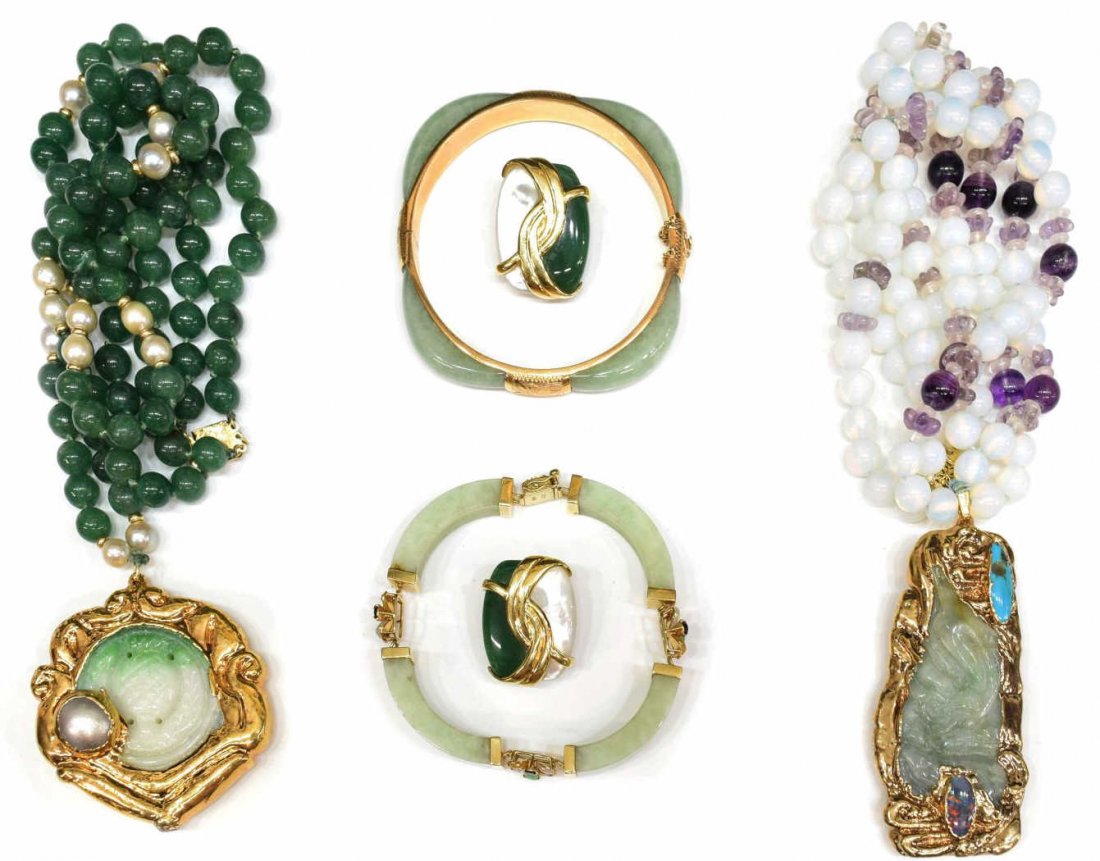 COLLECTION OF ESTATE 14KT JADE & PEARL JEWELRY (1 of 5)