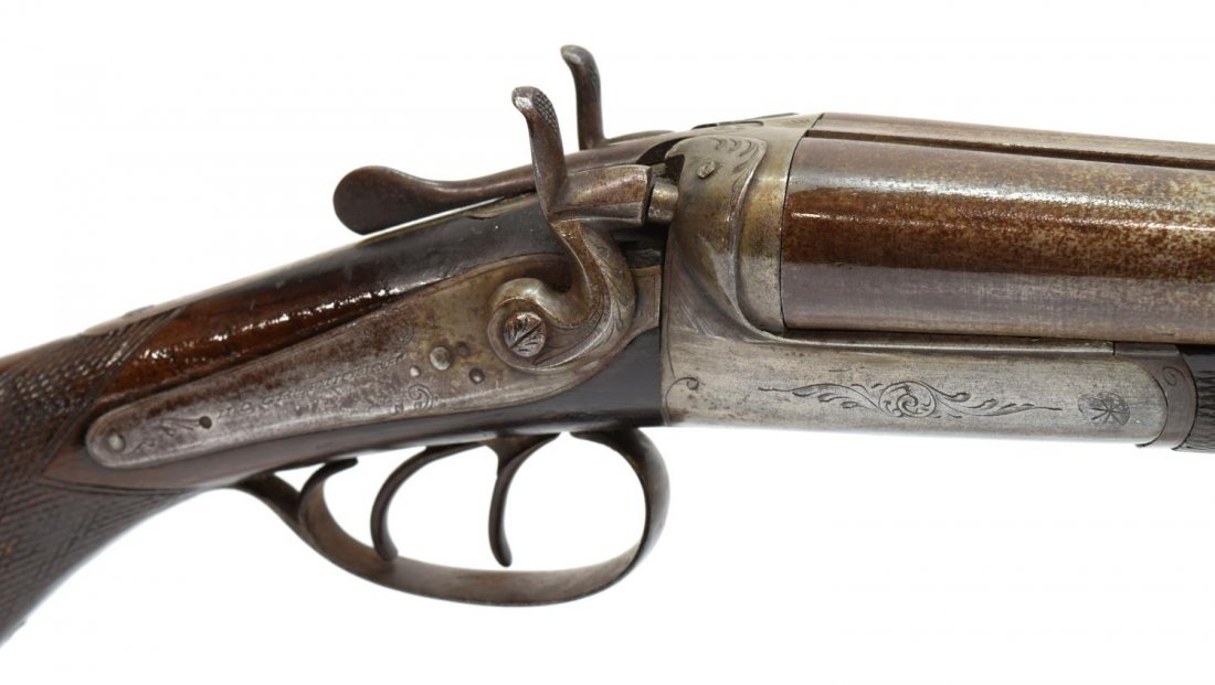 GREENOUGH 12 GAUGE DOUBLE BARREL SHOTGUN: Double barrel shotgun, marked at each lockplate N.C. Greenough, 12 gauge, exposed hammers, two triggers, 29.75" barrel marked at rib Laminated Steel, underside of barrel with Belgium ELG in oval mark,