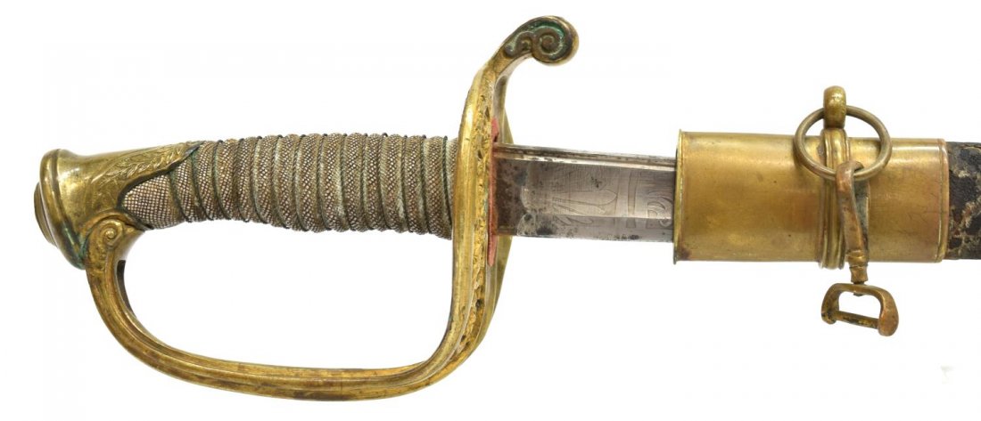 CIVIL WAR ERA FRENCH 1845/55 INFANTRY OFFICE SWORD: French Model 1845/55 infantry officer sword, a 30" partially foliate engraved blade, the lower outside of the guard marked "L star H", wire wrapped shagreen hilt, the scabbard torn in three pieces wit