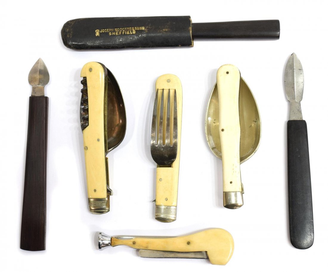 (7) CIVIL WAR HOBO FORKS, SCRIMSHAW KNIFE, FLEAM: (lot of 7) Bladed instruments: (1) two blade pipe cleaner formed as a pipe in bone with ship & whale scrimshaw, marked "National Blade, N.J. U.S.A." (Parker); (1) fleam with black horn handle marked "