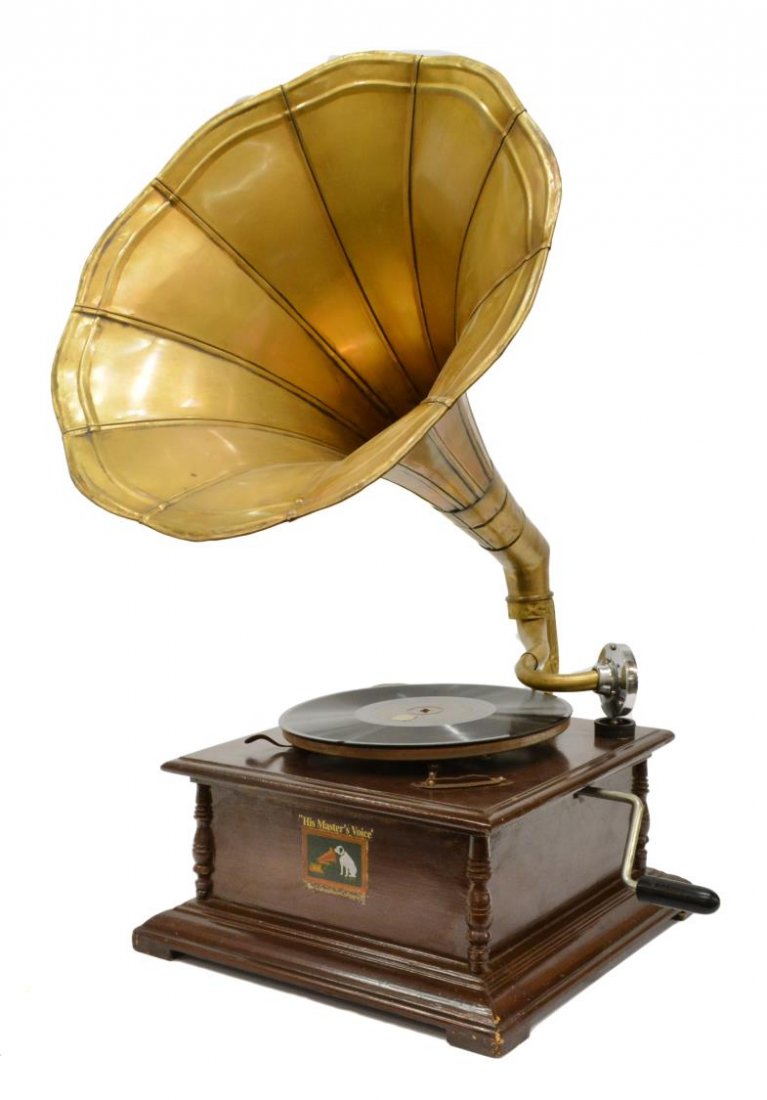 'HIS MASTERS VOICE' GRAMOPHONE, MORNING GLORY HORN: His Master's Voice", Gramophone Company Ltd., gramophone with brass morning glory horn, refurbished, together with (1) Foxtrot record with London stamp, phonograph: 12"h, 14"w, 14.25"d, horn: 20"h, 16