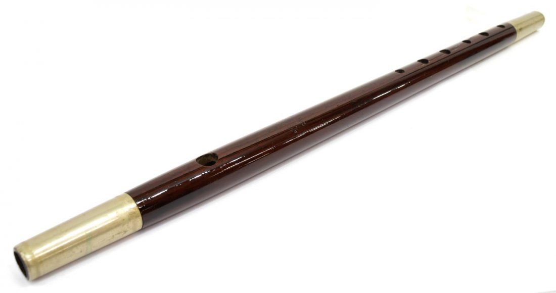 GEORGE CLOOS / CROSBY ROSEWOOD FIFE: Crosby style rosewood fife, c. 1900, marked arced "Geo. Cloos over Crosby", blow hole and six finger holes, German silver ferrules, 17"l, .25lb Start Price: $80.00
