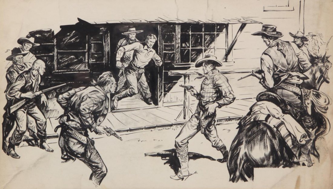 WARREN KREMER(1921-2003) PULP WESTERN ILLUSTRATION: Framed western pulp magazine illustration attributed to Warren Kremer (New York, New Jersey, 1921-2003), appearing in the magazine Western Trailis , September 1940, according to pencil written notes d