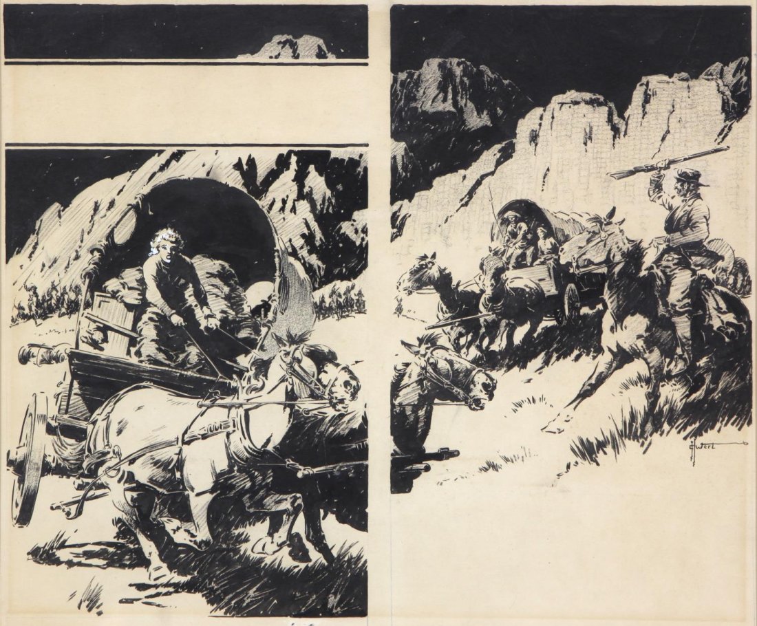 GEORGE WERT (1888-1950) WESTERN ILLUSTRATION: Framed illustration,black ink on paper, Runaway Covered Wagon, lower right G.H. Wert (George Harrison Wert, Indiana,1888-1950), sight: 13.5"h, 16"w, overall: 23"h, 27"w, 6.75lbs Start Price: $100.00