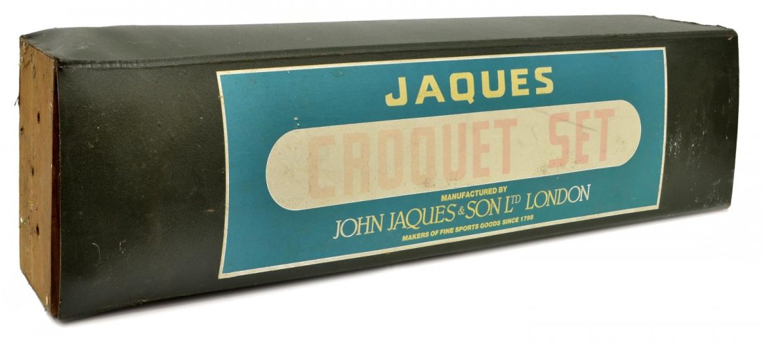 JOHN JAQUES & SONS OF LONDON VINTAGE CROQUET SET: John Jaques & Sons of London vintage croquet set, comprising (4) mallets and (4) balls, in original box, 6"h, 36"w, 9"d, 22.25lbs Start Price: $80.00