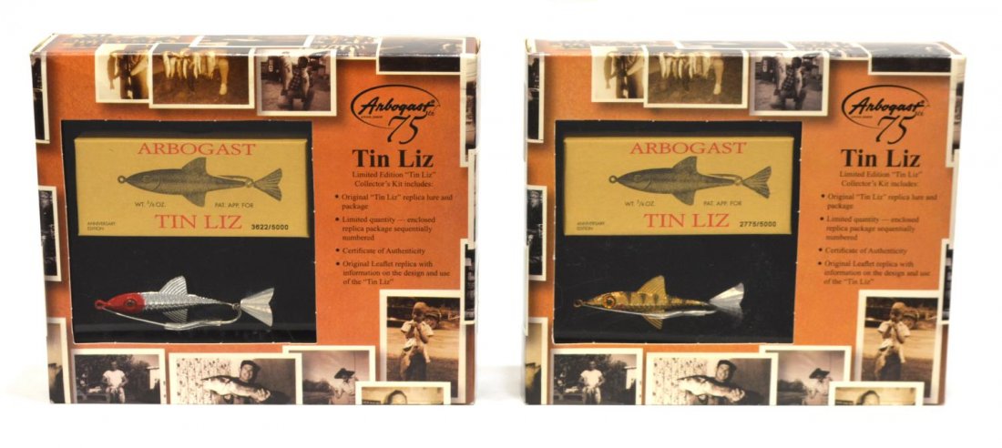 (2) NEW IN BOX 2004 ARBOGAST FISHING LURES: (lot of 2) New in boxes, 2004 Arbogast 75th Anniversary limited edition Tin Liz lure, one in gold with silver tail, the other red and silver, packaged in Arbogast display box, each box: 2"h, 8.5"w, 7"