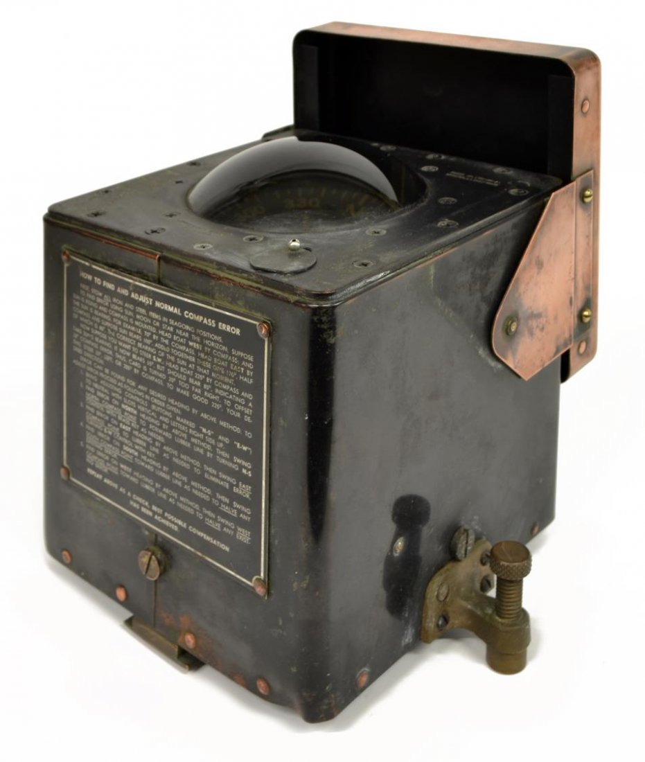 JOHN HAND LIFEBOAT COPPER CASED SHIPS COMPASS: U.S. Coast Guard lifeboat compass by John E Hand & Sons Co., Haddonfield, New Jersey, Model LMC-101-d, copper cased with compass at top, instructions on outer front, brass slide and screw downs, appro