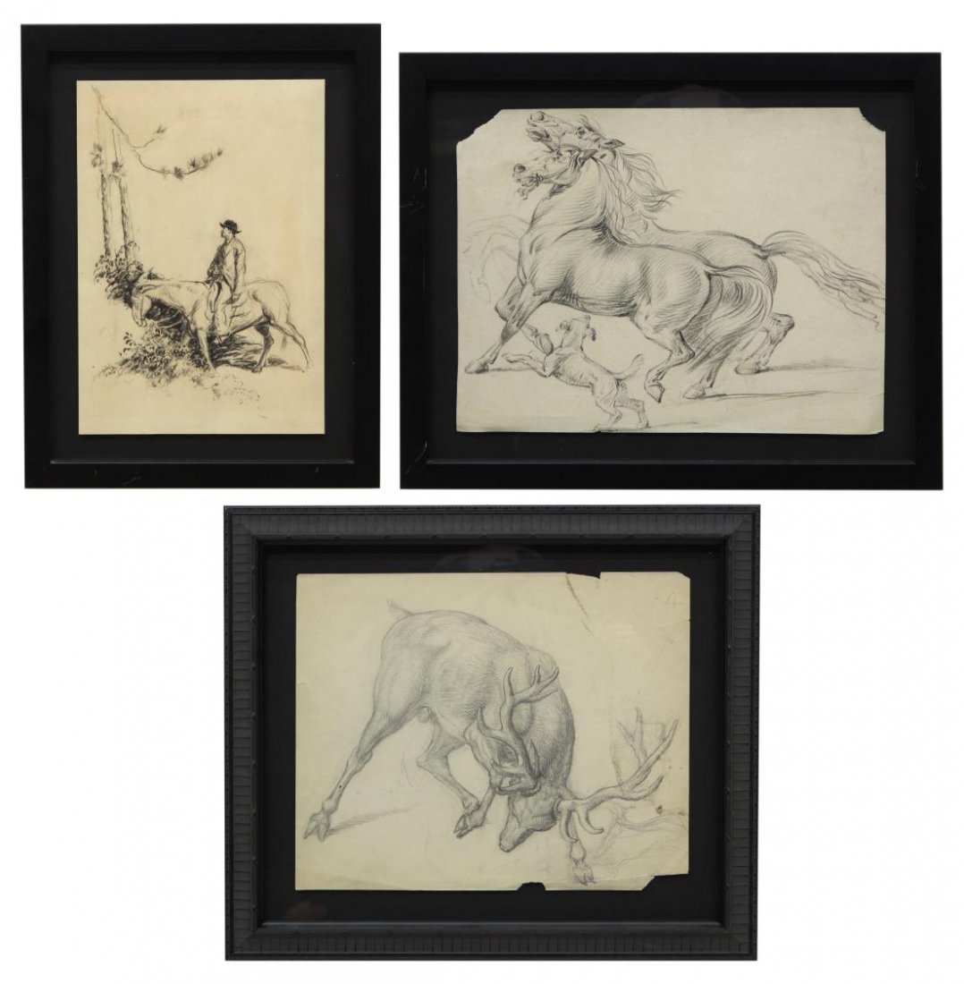 (3) FRAMED PENCIL, PEN & INK ILLUSTRATIONS: (Lot of 3) Framed illustrations on paper: (1) man on horseback near pine trees, unsigned attributed to Edmund Franklin Ward (1892-1990), pen and ink, sight: 10h, 7"w, overall: 13"h, 10"w; (1) pencil, 