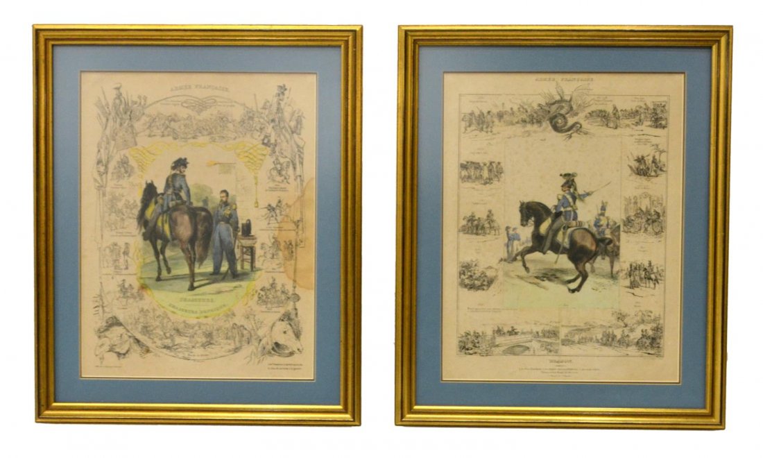 CHARLES AUBRY (1803-1883) C. 1834 MILITARY PRINTS: (lot of 2) Framed French military lithograph plates, c. 1834, each possibly from the book "Histoire Pittoresque de lâ€™Equitation Ancienne et Moderne" by Charles Aubry (French, 1803â€“1883),