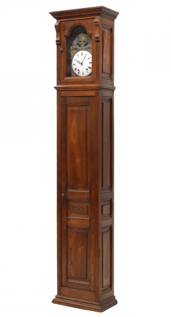FRENCH OAK CASED GRANDFATHER CLOCK, 19TH C.: French oak tall case clock, 19th c., a stepped cornice over the glaze front clock housing a time and strike movement with the porcelain dial marked "DuBois Fils, a Remilly", the paneled sides and insp