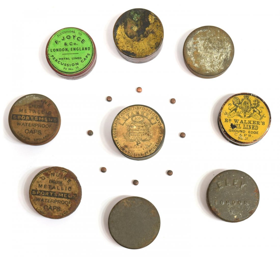 (9) VINTAGE & ANTIQUE PERCUSSION CAP TINS, ENGLISH