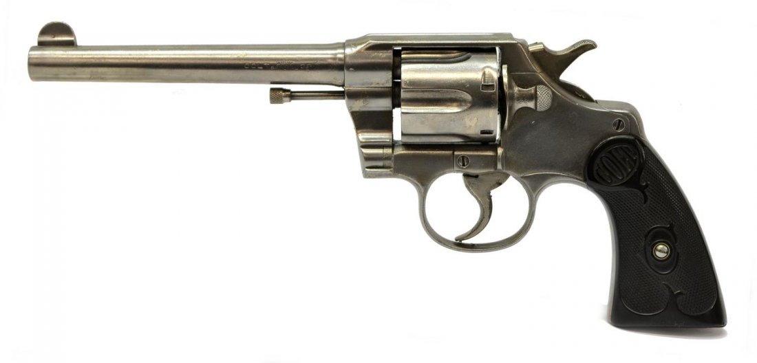 COLT ARMY SPECIAL .38 REVOLVER,: Colt Army Special Model double action revolver, .38 caliber, six round swing out cylinder, 6" round barrel, Colt black rubber grips, later nickel finish, last patent date 1905, mfg. 1922, SN 471XXX *R