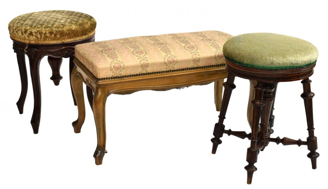 (3) GROUP OF FRENCH UPHOLSTERED STOOLS & BENCH: (lot of 3) French upholstered stools, comprising: (1) Louis XV style swiveling piano stool, having a velvet upholstered round top above cabriole legs, 18.75"h, 15" diam.; (1) Louis XV style carved fru